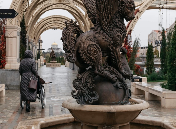 Beautiful fountain and landscaping with wheelchair accessibility